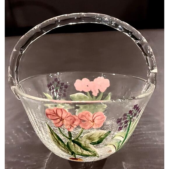 Fifth Avenue Hand Painted Floral Crackle Glass Easter Basket Bowl 8" Pink Purple - Picture 6 of 7